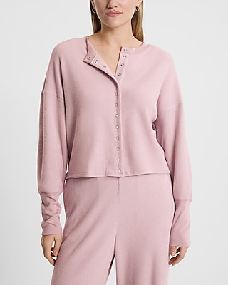 Express Women's Waffle Long Sleeve Button Front Top in Blush