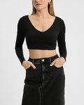Express Women's Body Contour High Compression V-Neck Long Sleeve Crop Top in Pitch Black