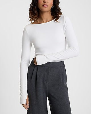 Express Women's Body Contour Cozy Boat Neck Long Sleeve Bodysuit in Ivory