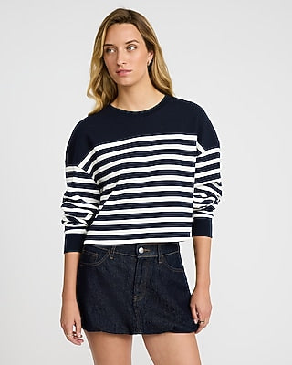 Express Women's Boxy Striped Fleece Sweatshirt in White Stripe