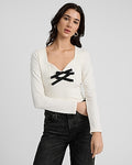 Express Women's Fitted Sweetheart Long Sleeve Bow T-Shirt in White Small