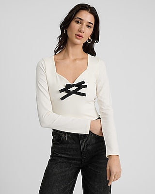 Express Women's Fitted Sweetheart Long Sleeve Bow T-Shirt in White Small