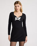 Express Women's Fitted Sweetheart Long Sleeve Bow T-Shirt in Black Small