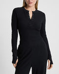 Express Women's Waffle Fitted Long Sleeve Henley Bodysuit in Pitch Black
