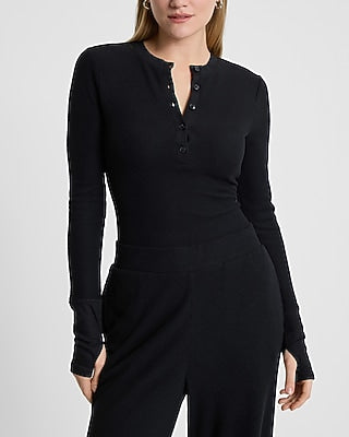 Express Women's Waffle Fitted Long Sleeve Henley Bodysuit in Pitch Black