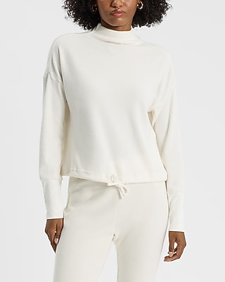 Express Women's Waffle Mock Neck Long Sleeve Cinched Bottom Top in Ivory