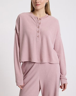 Express Women's Waffle Long Sleeve Crop Henley Top in Blush