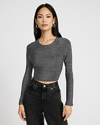 Express Women's Shine Crew Neck Long Sleeve Crop Top in Pitch Black