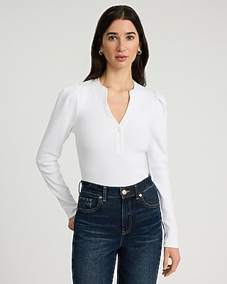 Express Women's Ribbed Puff Sleeve Henley Bodysuit in White