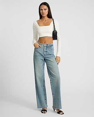Express Women's Body Contour Light Compression Stretch Cotton Ruched Shoulder Crop Top in Ivory