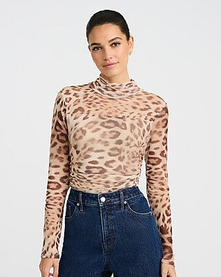 Express Women's Ruched Mesh Leopard Print Mock Neck Long Sleeve Bodysuit Small