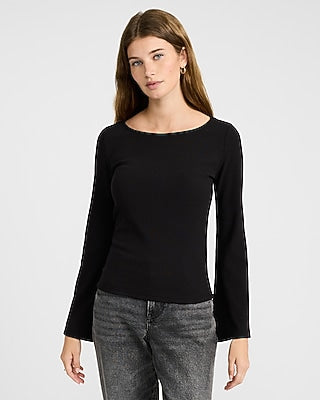 Express Women's Ribbed Boat Neck Bell Sleeve T-Shirt in Pitch Black