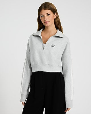 Express Women's Relaxed Chest Graphic Quarter Zip Up Cropped Sweatshirt in Silver Heather Gray