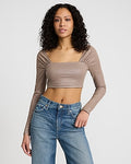 Express Women's Body Contour Light Compression Stretch Cotton Shine Ruched Shoulder Crop Top in Brown Small
