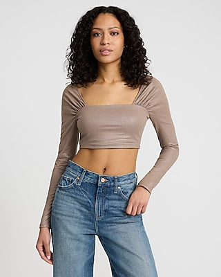 Express Women's Body Contour Light Compression Stretch Cotton Shine Ruched Shoulder Crop Top in Brown Small