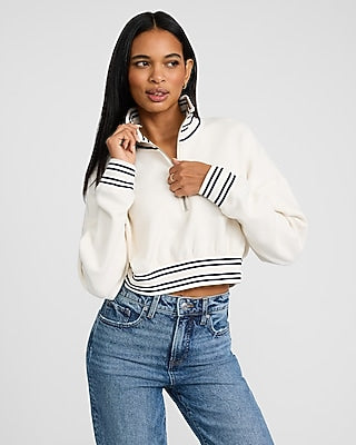 Express Women's Striped Trim Quarter Zip Cropped Sweatshirt in Ivory