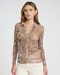 Express Women's Mesh Leopard Print Long Sleeve Ruched Shirt in Brown Plaid