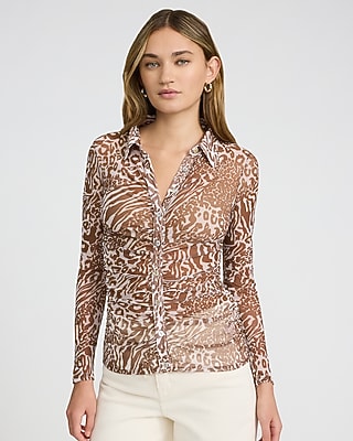 Express Women's Mesh Leopard Print Long Sleeve Ruched Shirt in Brown Plaid