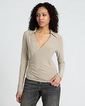 Express Women's V-Neck Long Sleeve Surplice Polo Top in Neutral Small