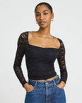 Express Women's Lace Long Sleeve Tie Back Crop Top in Jet Black