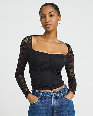 Express Women's Lace Long Sleeve Tie Back Crop Top in Jet Black