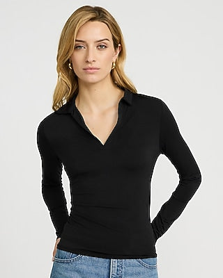 Express Women's V-Neck Collared Long Sleeve Polo T-Shirt in Pitch Black