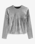 Express Women's Shine Ribbed Crew Neck Long Sleeve T-Shirt in Silver Gray