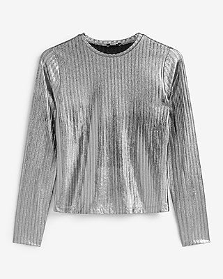 Express Women's Shine Ribbed Crew Neck Long Sleeve T-Shirt in Silver Gray