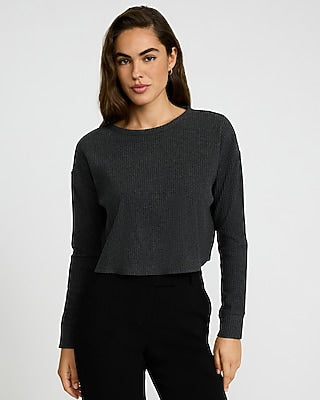 Express Women's Cozy Ribbed Crew Neck Long Sleeve T-Shirt in Gray