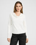 Express Women's Studio Stretch Crepe Draped Cowl Neck Long Sleeve Top in White Small