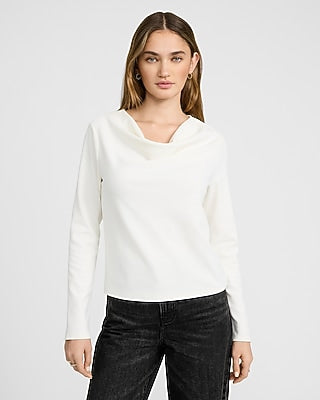 Express Women's Studio Stretch Crepe Draped Cowl Neck Long Sleeve Top in White Small