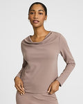 Express Women's Studio Stretch Crepe Draped Cowl Neck Long Sleeve Top in Brown Small