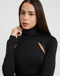 Express Women's Body Contour High Compression Mock Neck Cutout Crop Top in Pitch Black
