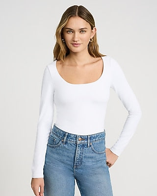 Express Women's Body Contour High Compression Scoop Neck Long Sleeve Bodysuit in White