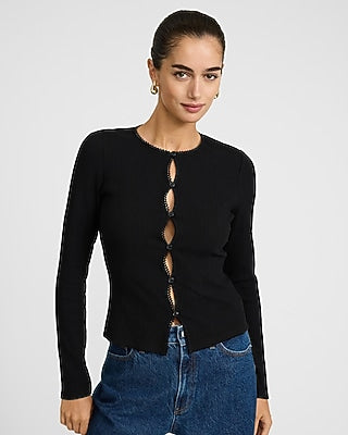 Express Women's Pointelle Crew Neck Long Sleeve Cutout T-Shirt in Black Small