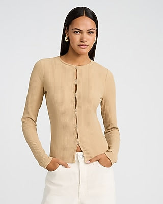 Express Women's Pointelle Crew Neck Long Sleeve Cutout T-Shirt in Tan