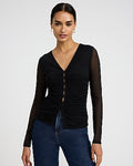 Express Women's Mesh Ruched V-Neck Long Sleeve Top in Black Small