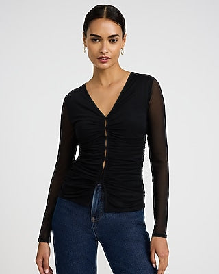 Express Women's Mesh Ruched V-Neck Long Sleeve Top in Black Small