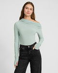 Express Women's Matte Jersey Draped Off The Shoulder Long Sleeve T-Shirt in Green Small