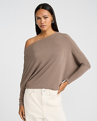 Express Women's Relaxed Crepe Convertible Dolman Long Sleeve Sweater in Brown Small