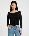 Express Women's Lace Boat Neck Ruched Top in Pitch Black