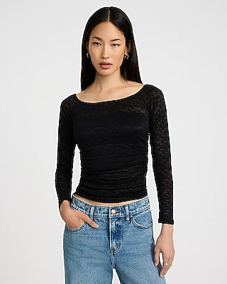 Express Women's Lace Boat Neck Ruched Top in Pitch Black