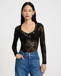 Express Women's Lace V-Neck Long Sleeve Bow T-Shirt in Pitch Black