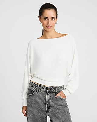 Express Women's Crepe Convertible Dolman Long Sleeve Banded Bottom Sweater in White Small