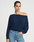 Express Women's Crepe Convertible Dolman Long Sleeve Banded Bottom Sweater in Blue Small