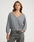 Express Women's Ribbed V-Neck Long Sleeve Button Front T-Shirt in Gray