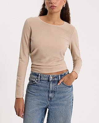 Express Women's Fitted Glitter Crew Neck Long Sleeve T-Shirt in Warm Gold