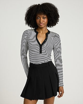 Express Women's Striped Ribbed Puff Sleeve Henley Bodysuit Small