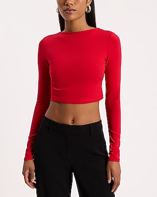 Express Women's Crew Neck Long Sleeve Open Back Crop Top in Lipstick Red