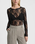 Express Women's Sheer Lace Long Sleeve Top in Pitch Black